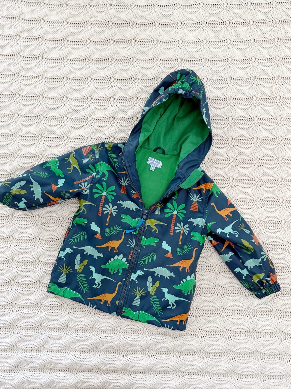Children's Navy Dinosaur Hooded Rain Jacket - Green Lining